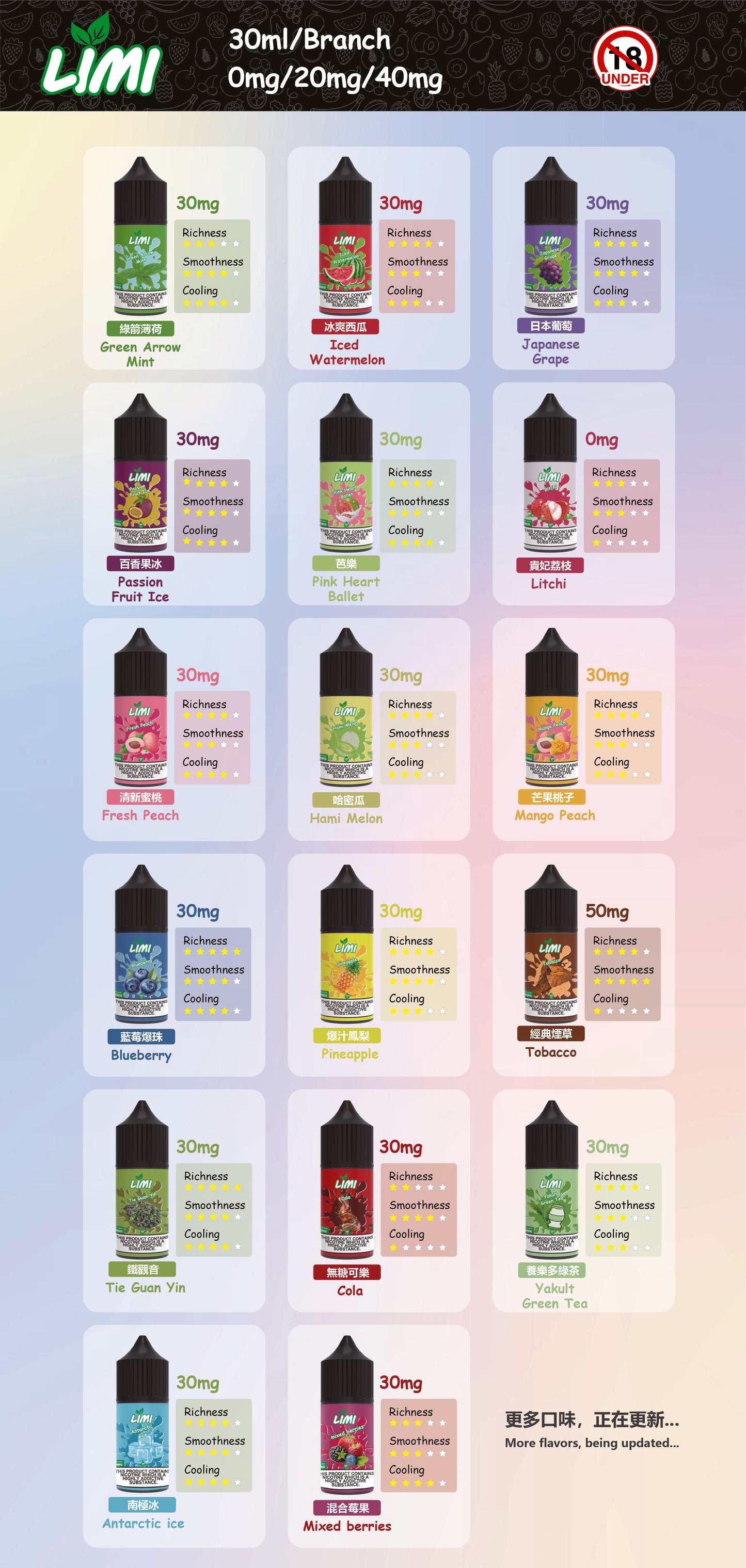 LIMI小菸油 電子煙油 可提供不涼菸油 0丁煙油 30ml/40mg